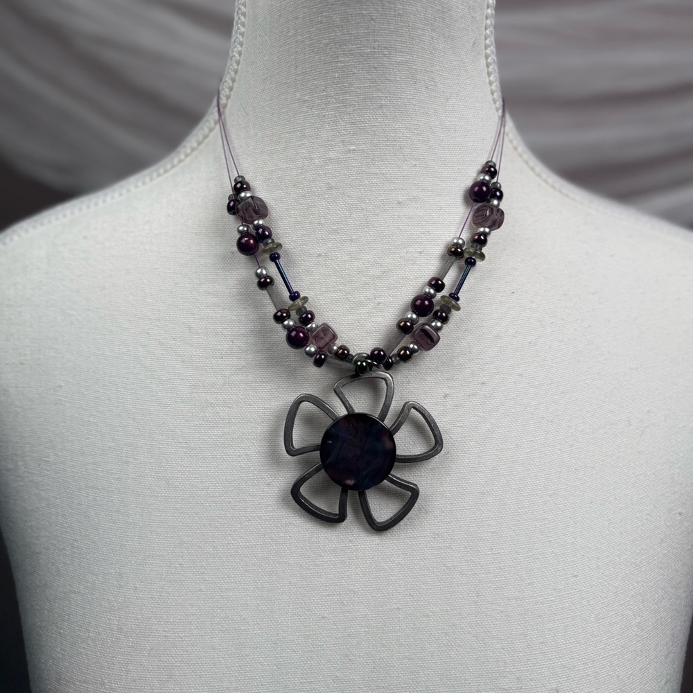 purple beaded flower pendant necklace y2k fairycore statement vintage style